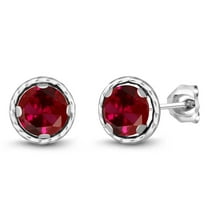 Gem Stone King 2.00 Ct Round 6mm Red Created Ruby 925 Sterling Silver Stud Earrings for Women Men