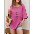 thumbnail image 4 of Women Waffle Knit Tops 2025 Fashion 3/4 Sleeve Crew Neck Oversized Patchwork Blouses Rose Red XXL, 4 of 6