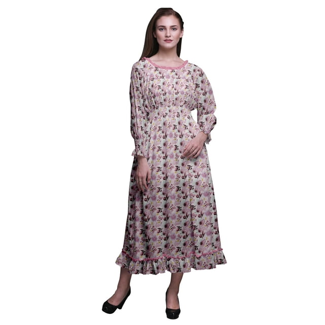 Bimba Robe Florale pour Femme à Manches Longues, Smockée, Col Rond, à Volants, Été, Maxi-Xx-Grand
