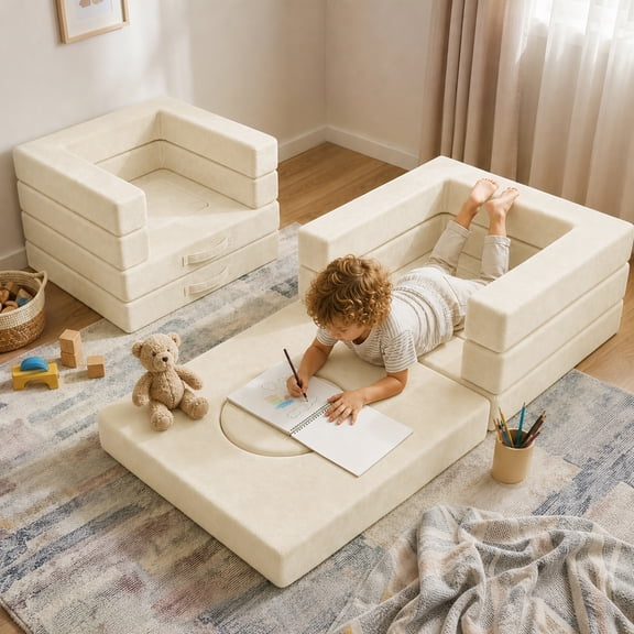 Hironpal Modular Kids Play Couch, 6 PCS DIY Creativing Kids Couch for Boys & Girls,Foam Toddler Sofa for Playroom,Beige