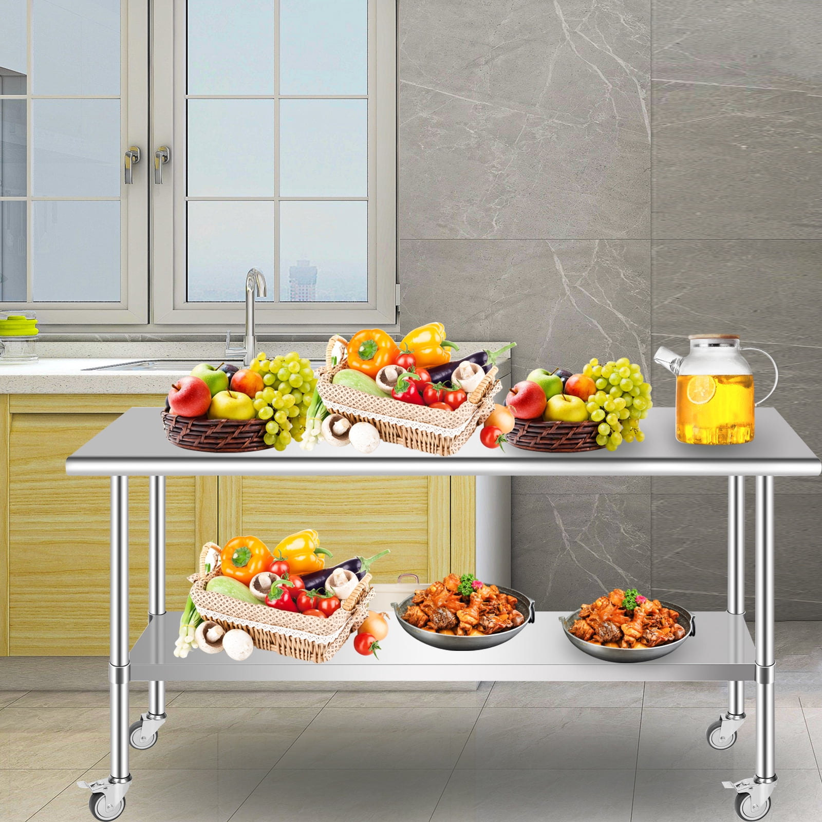 PRIJESSE Stainless Steel Work Table 60 x 30 Inch Stainless Steel Table w/ Undershelf, Casters, Commercial Kitchen Work & Prep Table