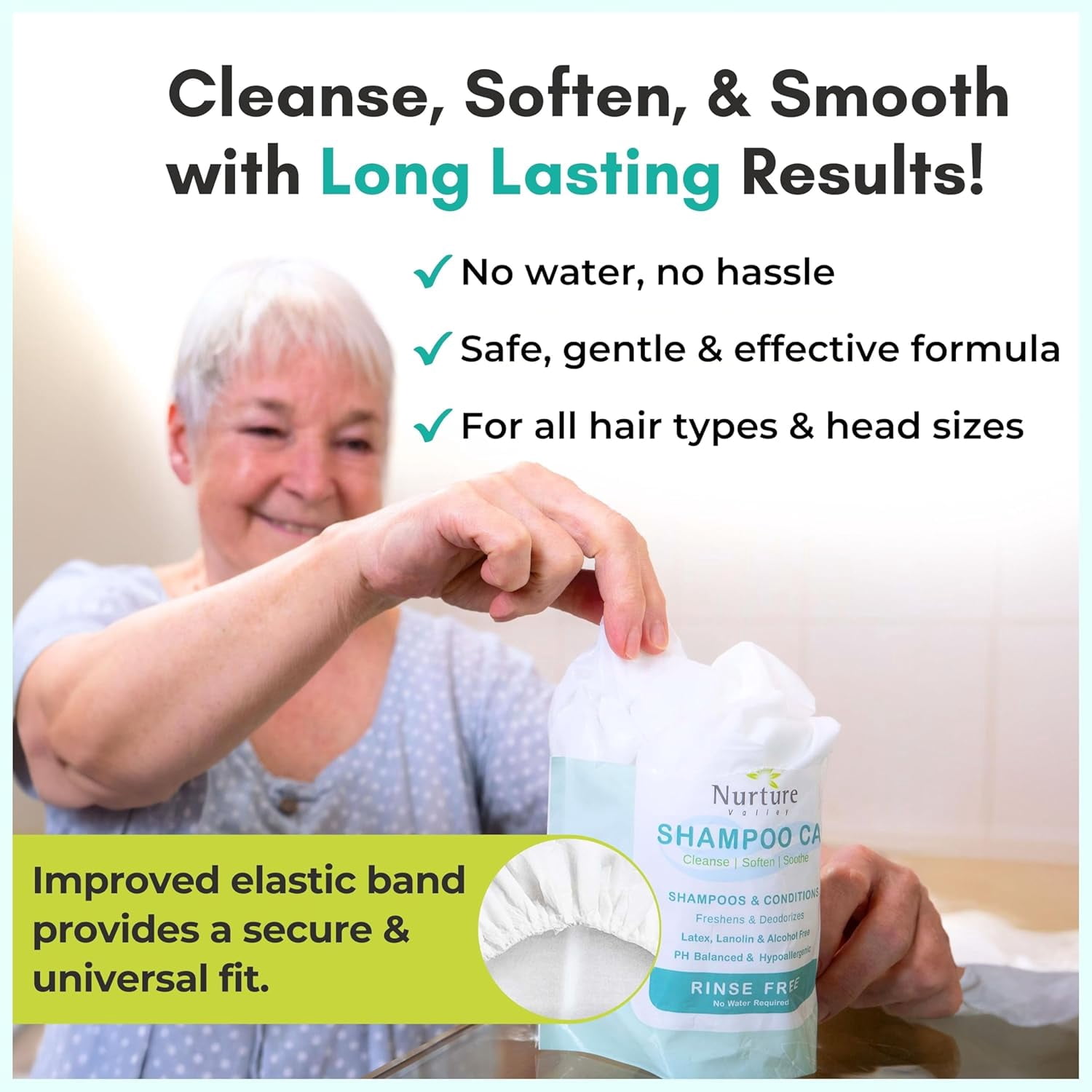 Nurture No Rinse Waterless Shampoo Caps, Microwavable Hair Wash & Conditioning Shower Caps for Adults, Elderly, and Bedridden Individuals, 6 Pack