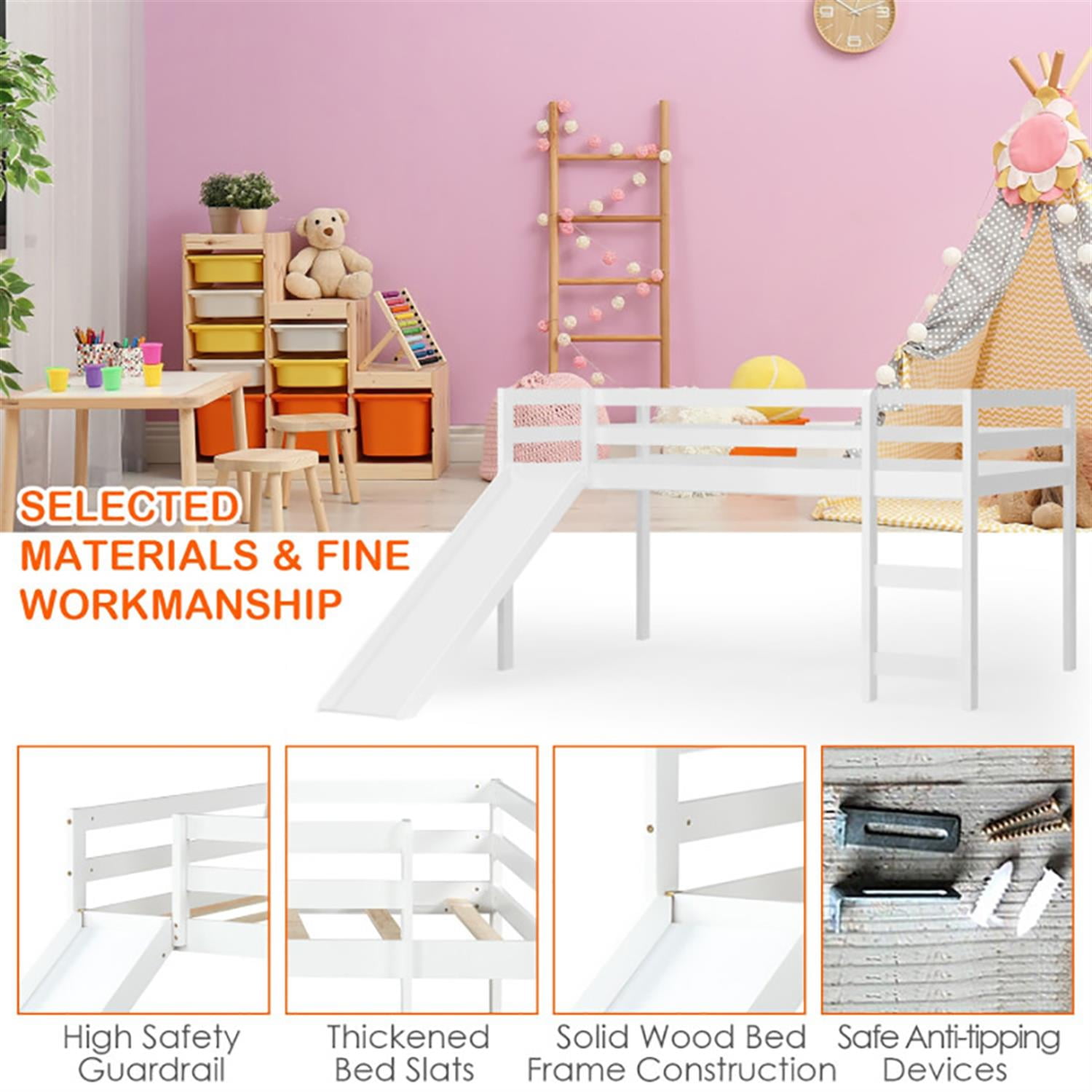 Demi Bonn Twin Over Twin Floor Bunk Bed with Slide and Ladder, Solid Pine Wood Low Bunkbeds with Safety Guardrails for Dorm, Bedroom, Guest Room, White