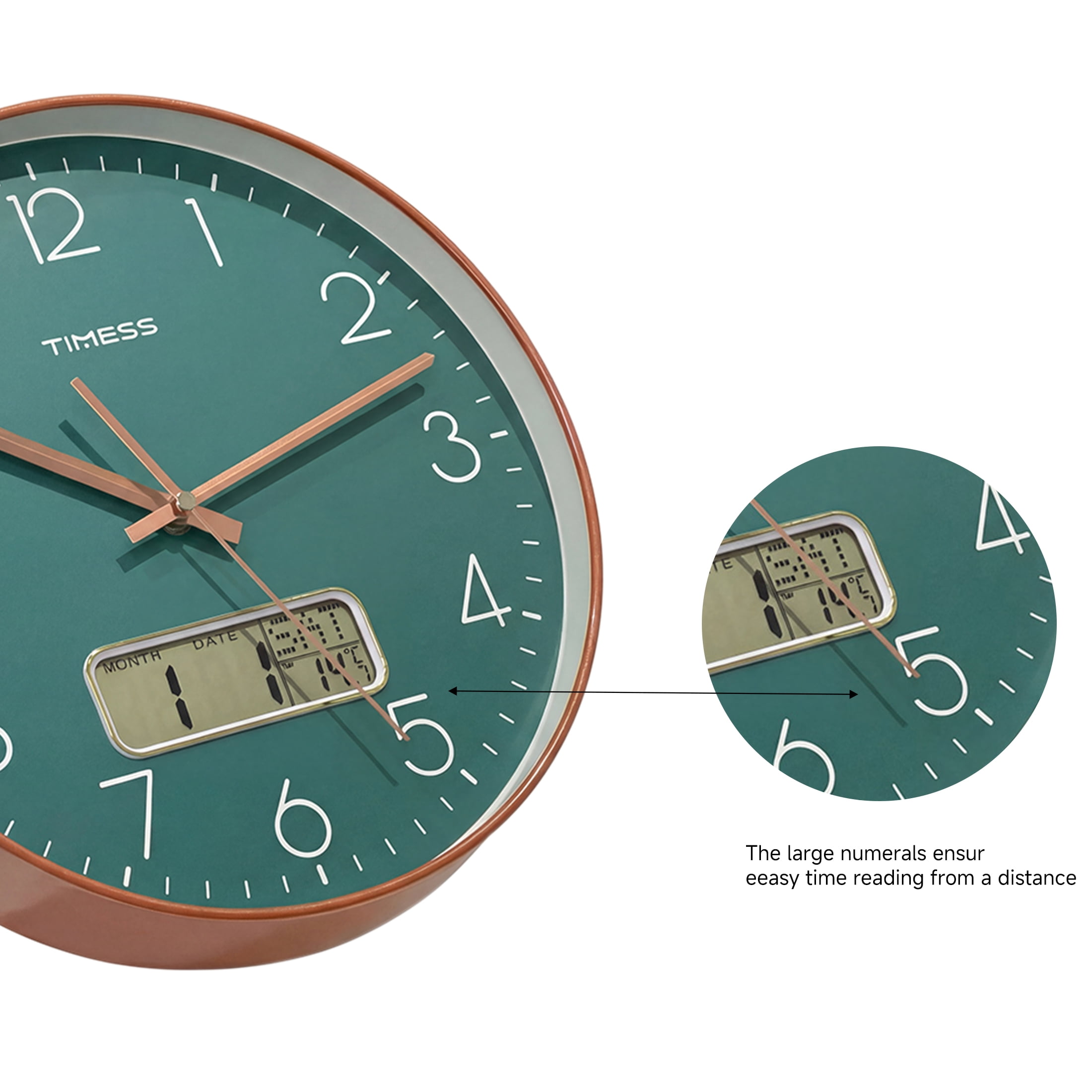 TIMESS 14 Inch Silent Wall Clock with Date Display, Large Easy-Read Numbers, Battery Operated, Modern Home Clock (Green)