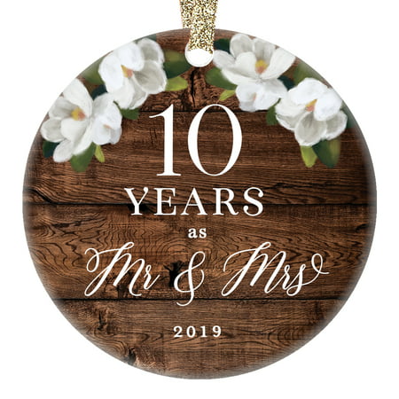 2019 Christmas Ornament Mr. & Mrs. 10th Tenth Wedding Anniversary Gift Porcelain Keepsake Celebrate Couple's Ten 10 Year Marriage Rustic Floral 3