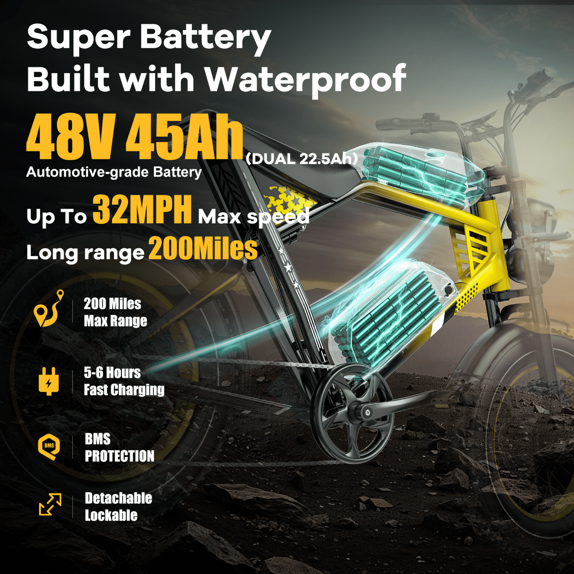 2D Ultra Electric Bike for Adults, 3000W Peak Motor 32MPH Off-Road E Bike, 48V 45Ah Battery, 200-Mile Range, 20" x 4.0 Fat Tires, Shimano 7-Speed, Yellow