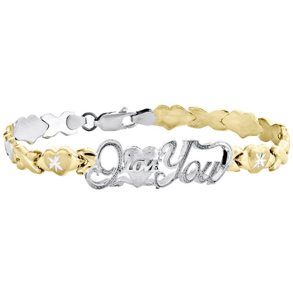 1/10th 10K Yellow Gold Two Tone I Love You XOXO Stampato Statement Bracelet 7"