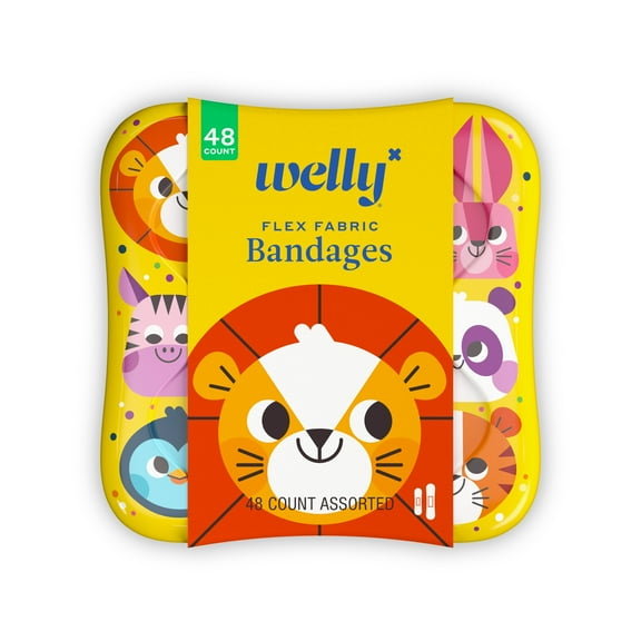 Welly Flex Fabric Bandages, Zoo Animals Pattern Bravery Badges for Kids, Assorted Sizes, 48 Count