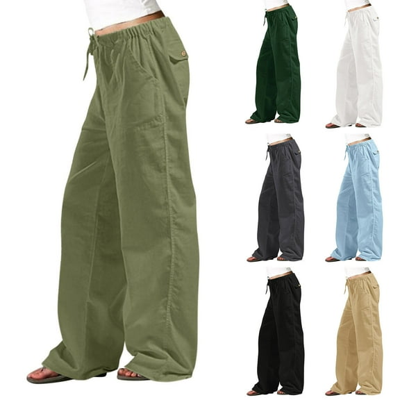 qolati Women's Baggy Cotton Linen Pants Drawstring Elastic Waist Comfy Lounge Pants Casual Wide Legs Loose Fit Palazzo Long Pants
