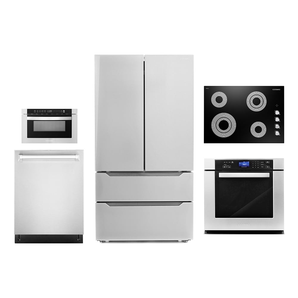Cosmo 5 Piece Kitchen Appliance Package With 36" Electric Cooktop 24" Built-in Fully Integrated Dishwasher 30" Single Electric Wall Oven 30" Over-the-range Microwave & French Door Refrigerator