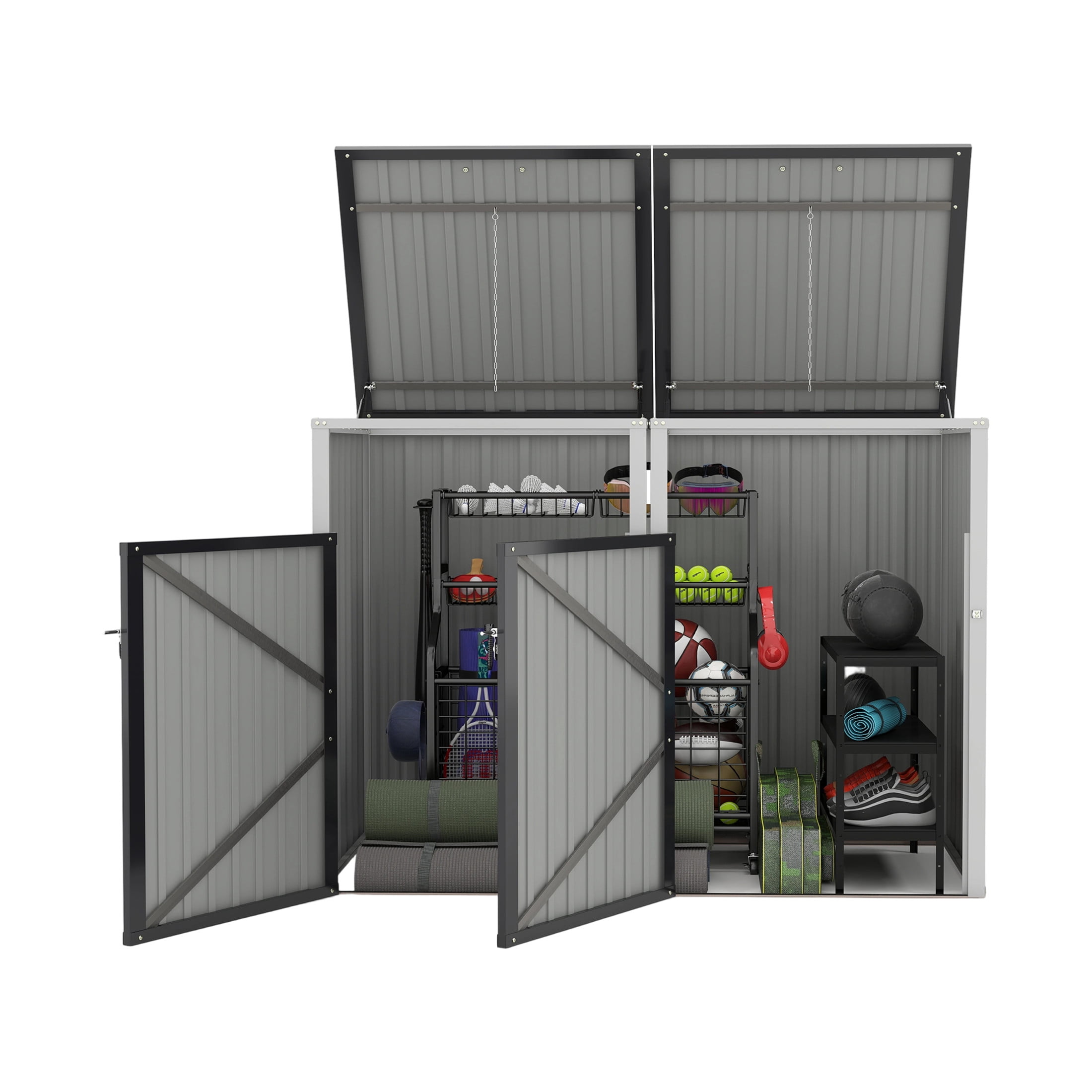 Noble House Outdoor Garbage Bin Shed for 2 Trash Cans, Lockable Galvanized Steel Garbage Bin Enclosure, Dark Gray