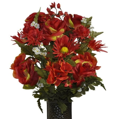 Fire Flower (Fire red rose hydrangea mix Artificial Bouquet, featuring the Stay-In-The-Vase Design(c) Flower Holder)