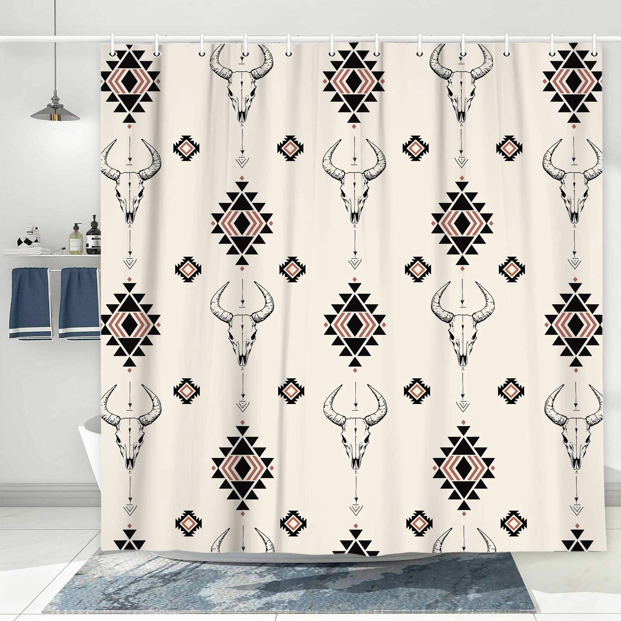 Southwest Bull Skull Cow Shower Curtain, Western Beige Bath Curtain, Boho Farmhouse Bathroom Accessories Aztec Geometric for Bathroom Bath Curtain Set with Hooks, 72X72in