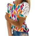 thumbnail image 1 of Camisas de Manga Corta para las Mujeres Impresión Cuello Redondo Suéter Encaje Blusa, Top Casual para el Hogar Y Diario, 1 of 9