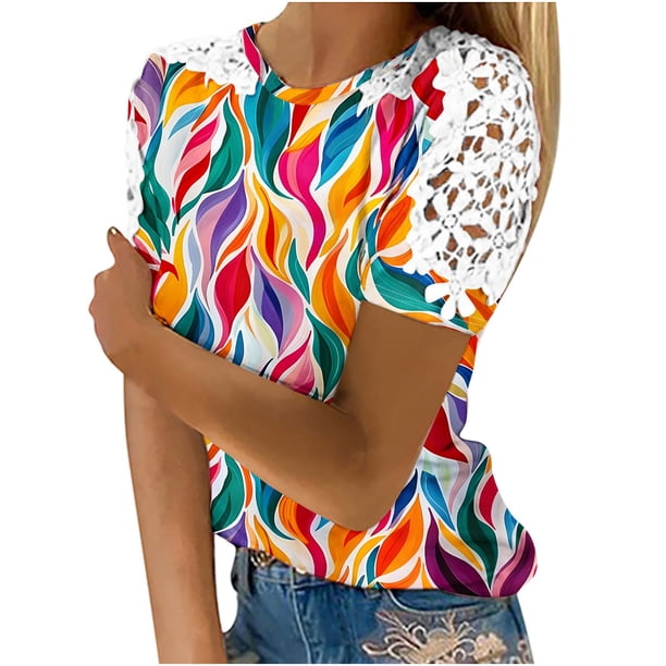 Camisas de Manga Corta para las Mujeres Impresión Cuello Redondo Suéter Encaje Blusa, Top Casual para el Hogar Y Diario