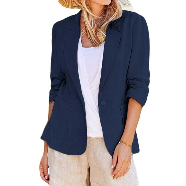 Rigardu Linen Suit Jackets Women Casual 3/4 Stretchy Ruched Sleeve Lightweight Work Jacket with Pockets