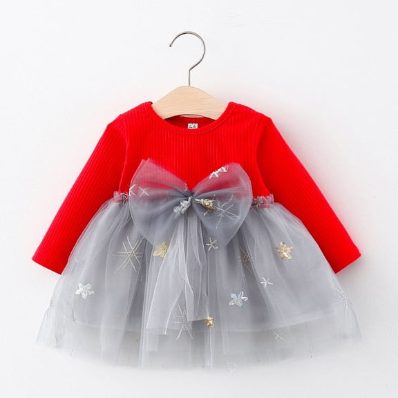 Ulitacool Newborn Girls Dresses O Neck Graphic Prints Sundress Long Sleeve Patchwork Bowknot Dresses Durable Wear 0-6 Months Red