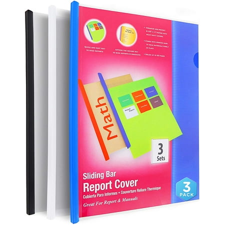 Report Covers with Sliding Bar fits 8.5" x 11" 30 Pages Heavy Duty Clear Front Cover Perfect for Schools, Colleges, Offices by Emraw (3 Pack)