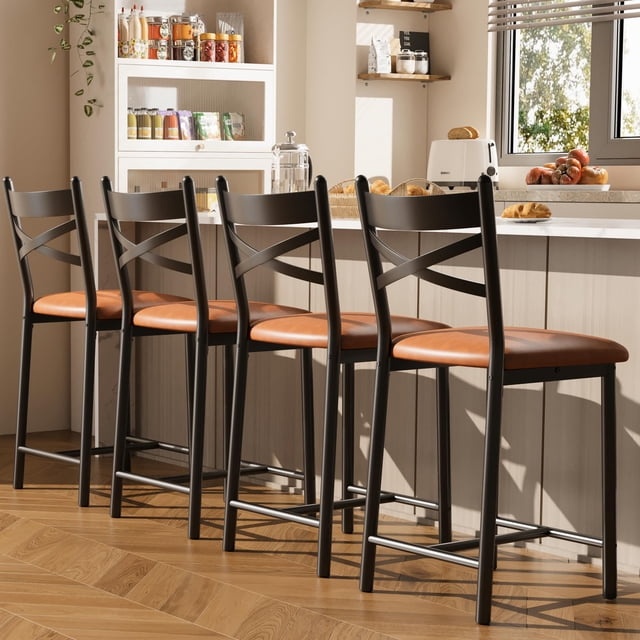 Juego de 2 o 4 Taburetes Altos para Barra de Cocina Tapizados en Terciopelo Gris Suave - Respaldo en X con Estructura Dorada y Reposapiés - Modernos y Cómodos