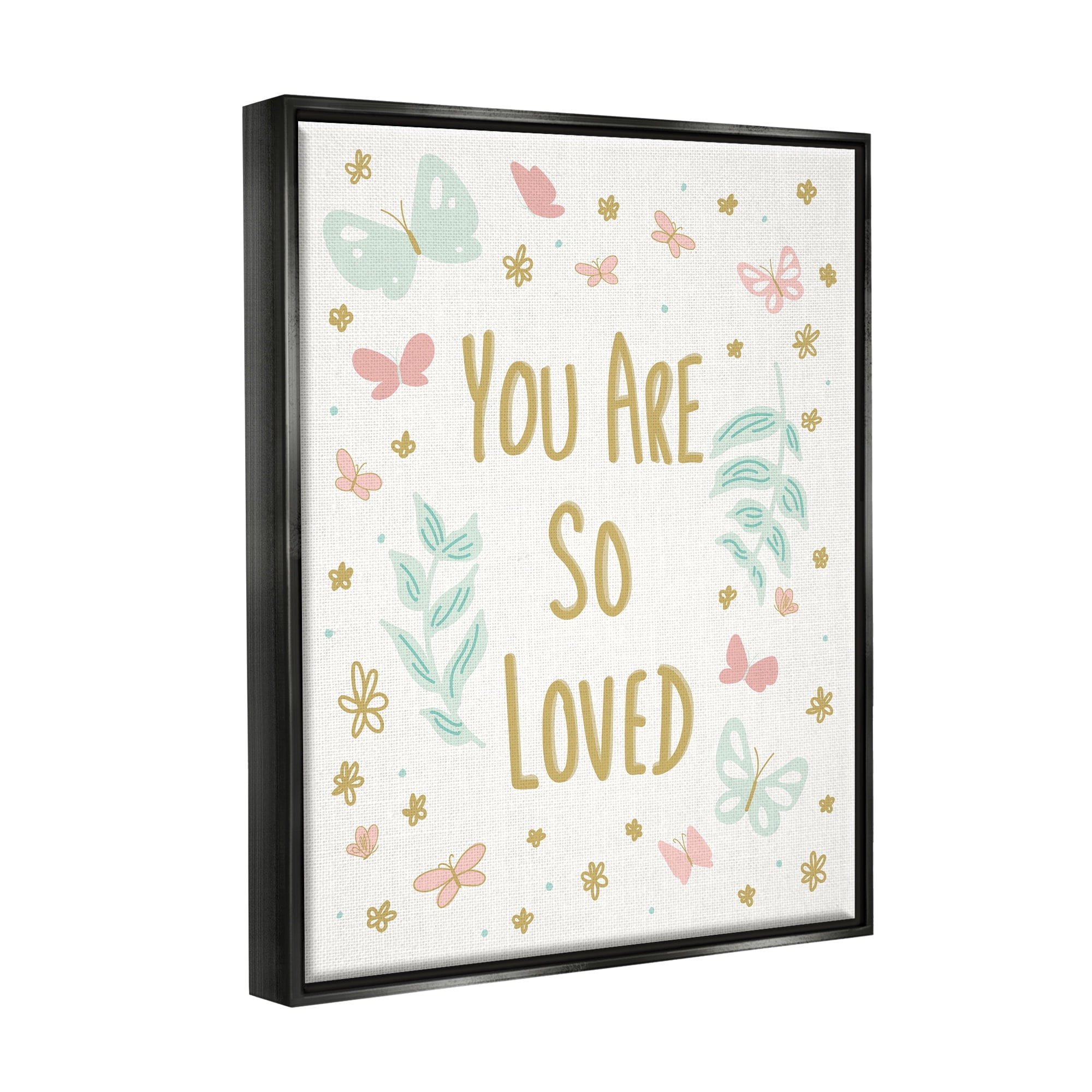 Stupell Industries You Are So Loved Varied Botanicals Butterflies Motif Graphic Art Jet Black Floating Framed Canvas Print Wall Art, Design by Sweet Melody Designs