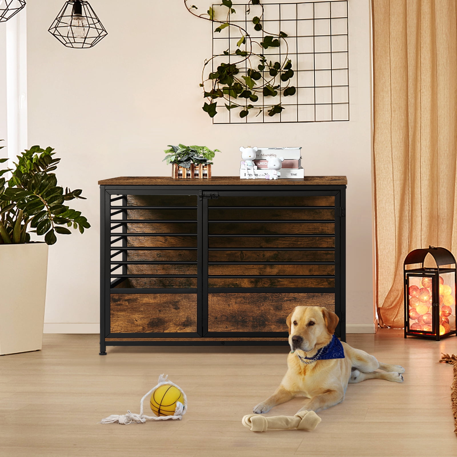 Wooden Heavy Duty Dog Crate Side Table Indoor Dog Kennel Brown Large
