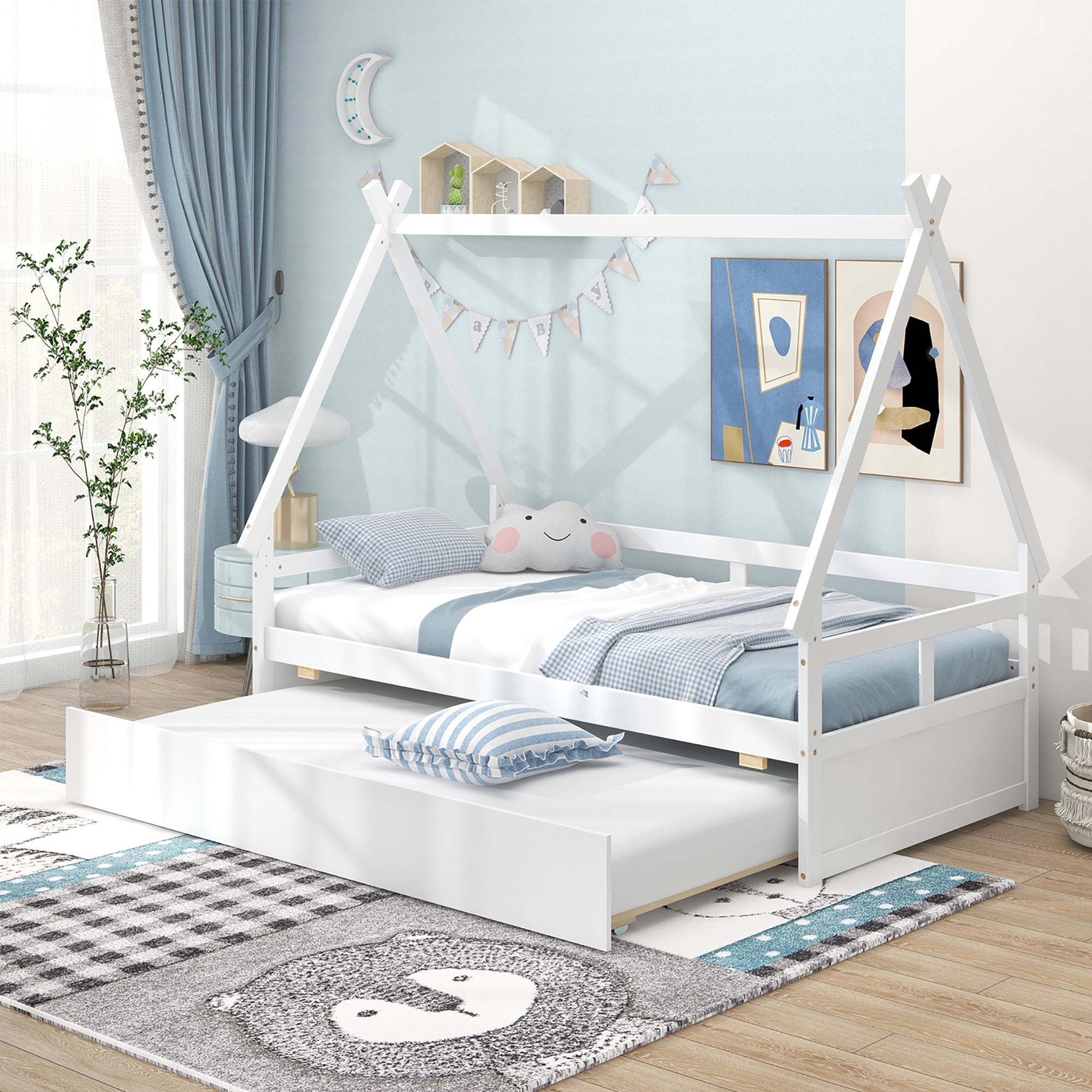Gymax Twin Size House Bed w/ Trundle Roof & Safety Guardrail Wood Slat Support White