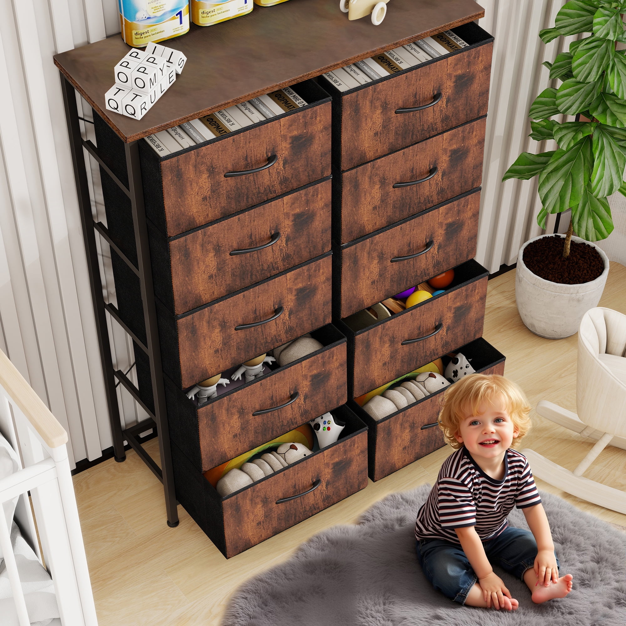 Nextay 10-Drawer Fabric Dresser for Bedroom, Storage Dresser Closet with Steel Frame & Wooden Top for Living Room, Entryway, Brown