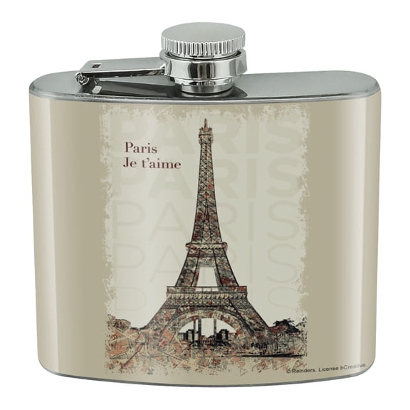 Paris, Je t'aime I Love You Eiffel Tower City Map Stainless Steel 5oz Hip Drink Kidney Flask