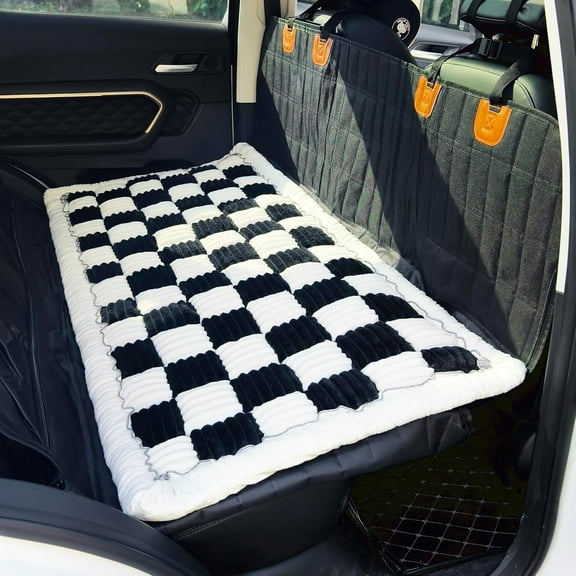 TJOUL Backseat Pet Bed Mat, Truck Plaid Dog Bed for Car Back Seat, Deluxe Dog Seat Covers, Non-Slip Travel Pet Mat, Fit for Backseat Extenders and Trucks SUVs (Black&White, 24.8x54 inch)