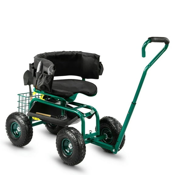 GVN Rolling Garden Cart with Cushioned Backrest & Seat,Garden Scooter with 360 Degree Swivel Seat & Steering Handle & Tool Tray, Green
