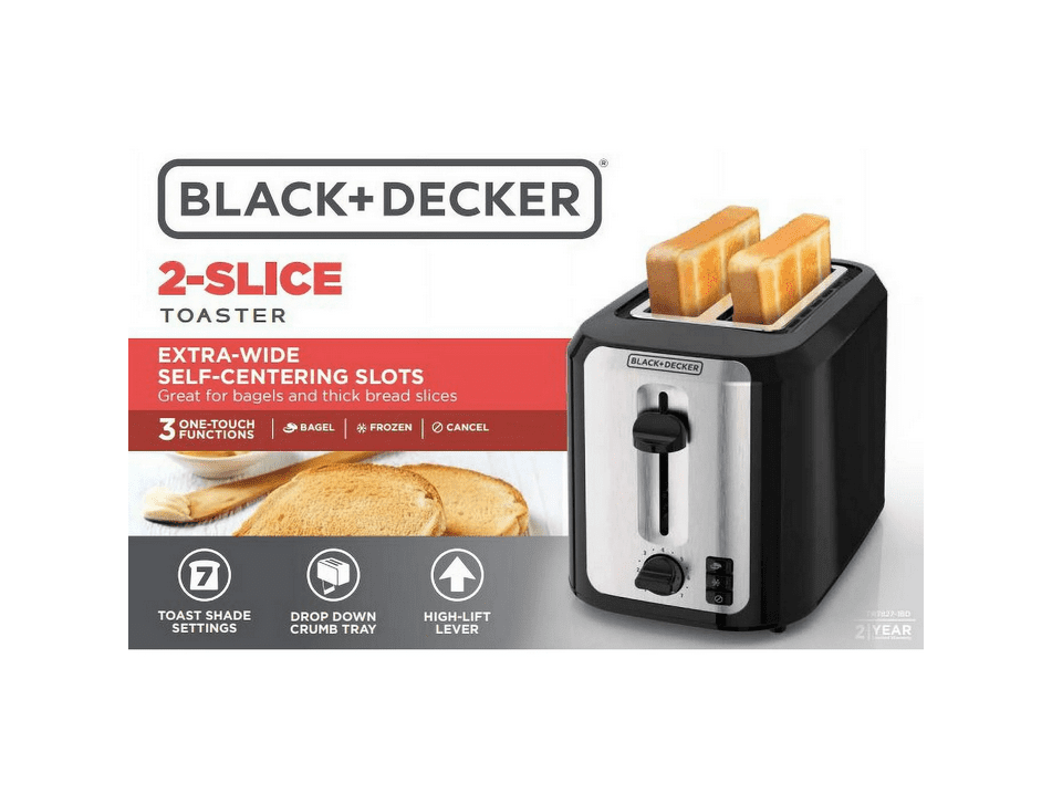 Open Box BLACK+DECKER 2-Slice Toaster, with Extra-Wide Slots and Bagel Function, Black with Stainless Steel