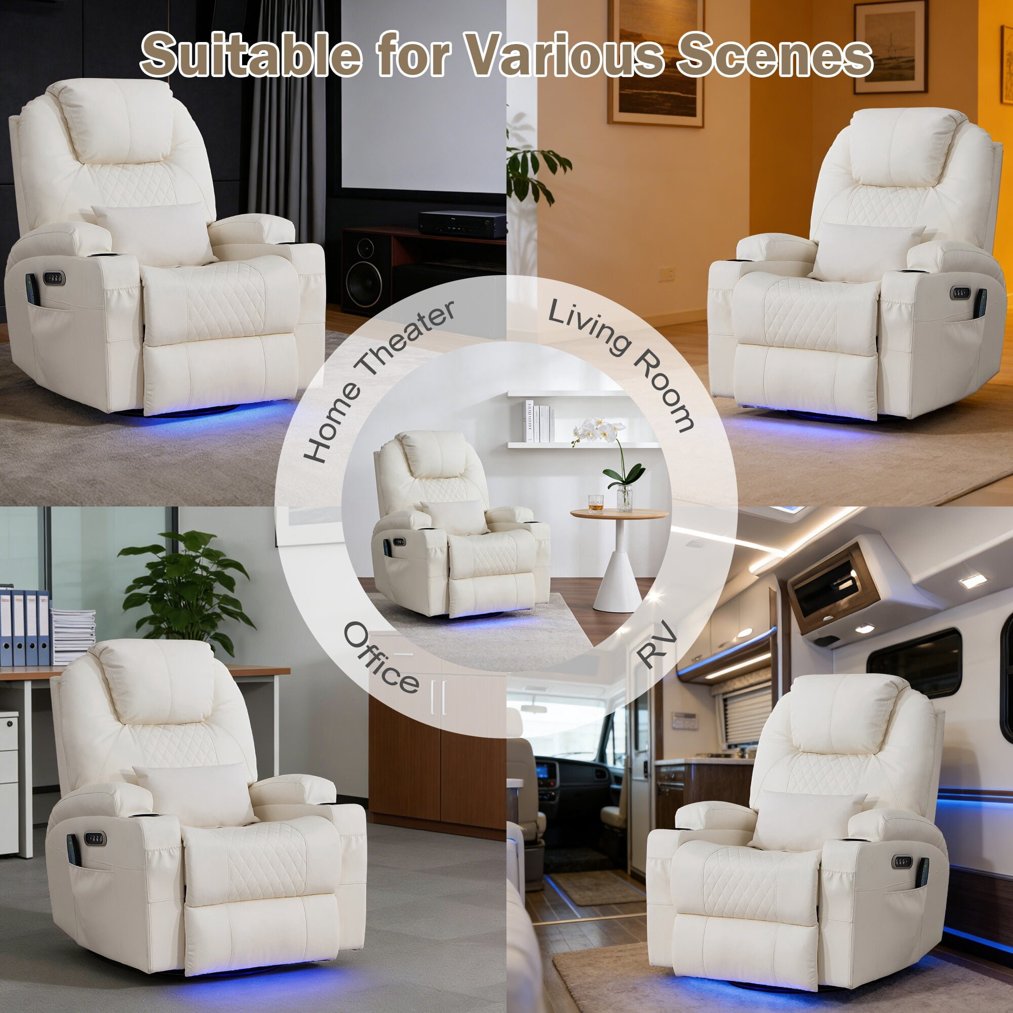 QJTC Power Swivel Rocker Recliner Chair for Living Room - Rocking Recliner with Heat and Massage/Cup Holder/LED Lights/USB & USB-C Ports,Beige