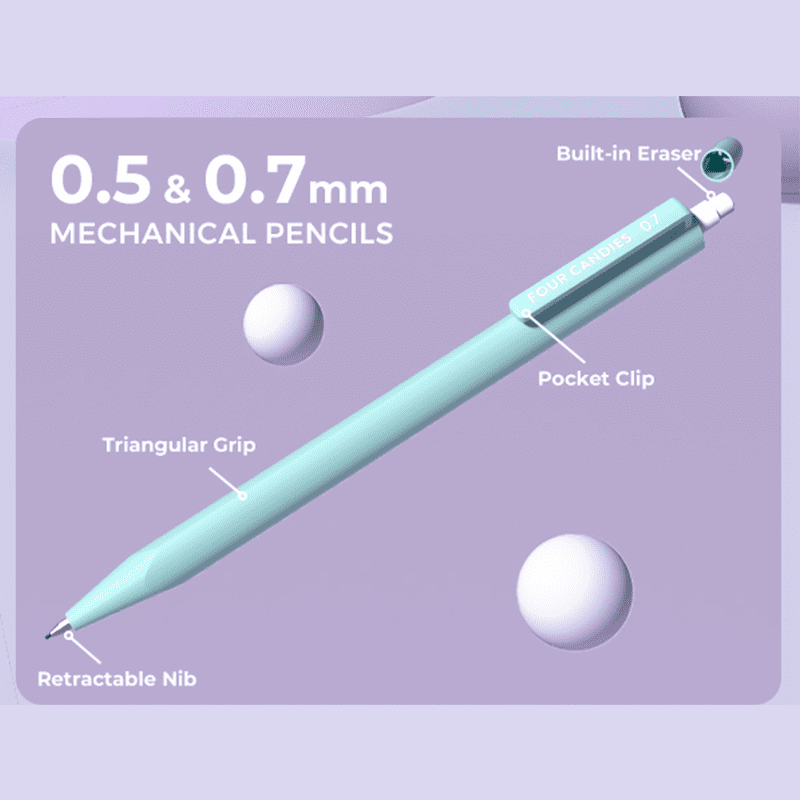 Four Candies Aesthetic Supplies, Mechanical Pencils 0.5mm, 0.7mm, 0.9mm & 2.0mm with Lead Refills, Cute Mechanical Pencils for Writing, Drawing & Drafting (Purple)