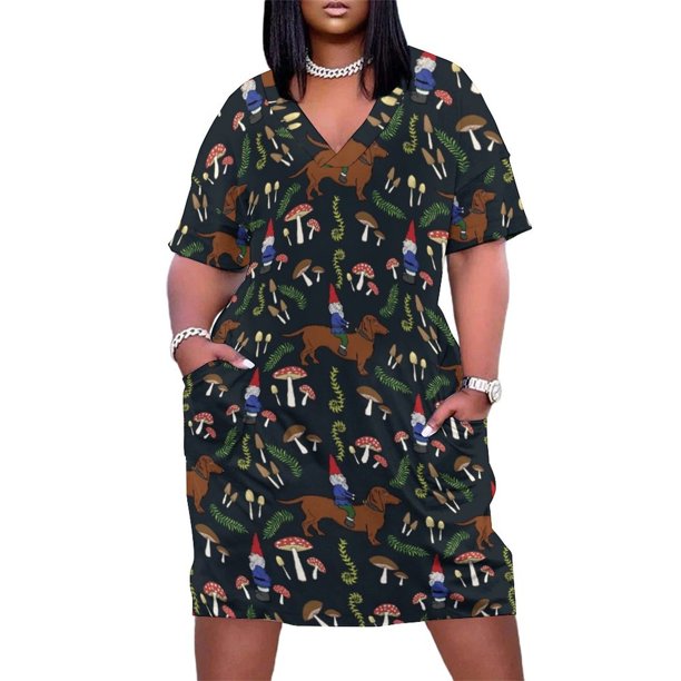 Gnomo y perro salchicha en el bosque de hongos, fondo negro, vestido holgado con bolsillos, ropa vintage para mujer.
