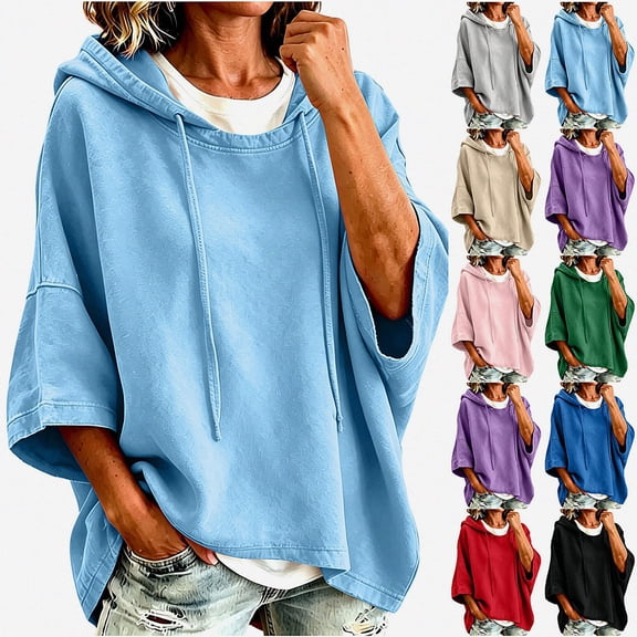 Teylalorva Outerwear Jackets for Womens Everyday Hooded Batwing Sleeve Sports Sweatshirt Fall Winter Sky Blue Size L
