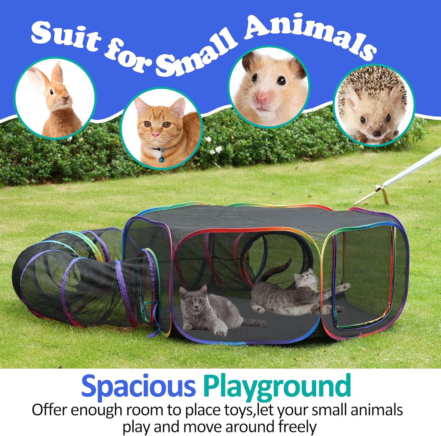 Outdoor Cat Enclosure, Portable Catio Playground with Tent & Tunnel for Cats and Small Animals, Foldable Cat Playpen Includes Storage Bag for Outside and Indoor Play, Rainbow Color
