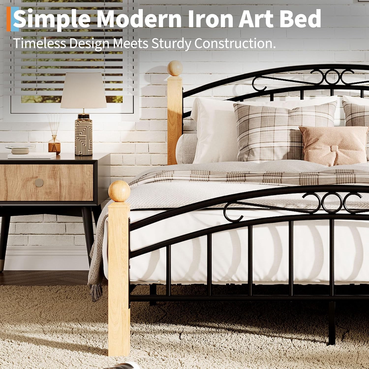 Queen Size Metal Bed Frame with Headboard, Queen Platform Metal Bed Frame Wooden Slat Support, No Box Spring Needed, Noise Free Sleep, Underbed Storage Space with Sturdy Steel Slats