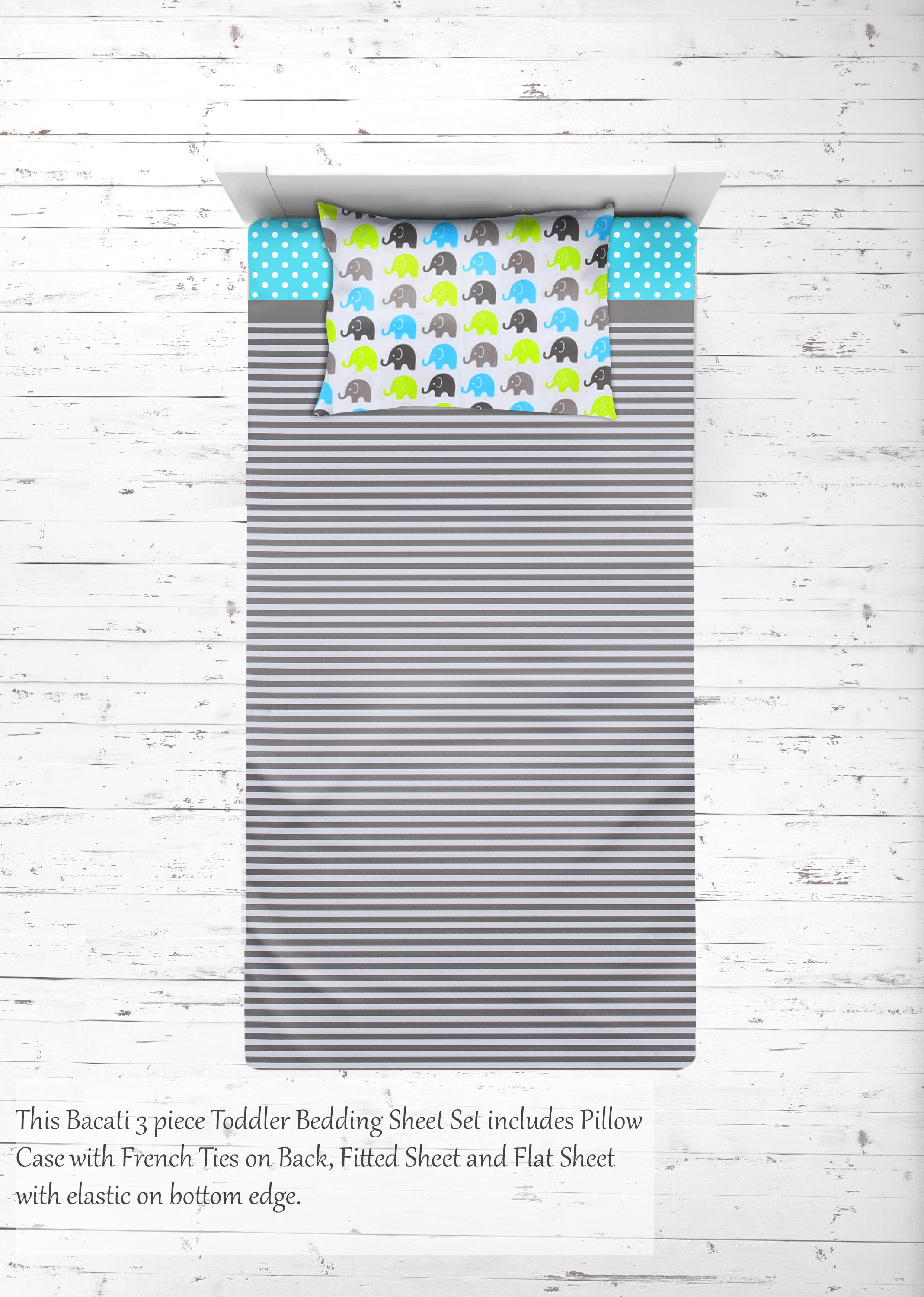 Bacati Elephants Aqua Lime Grey Toddler Sheet Set 3 ct Package