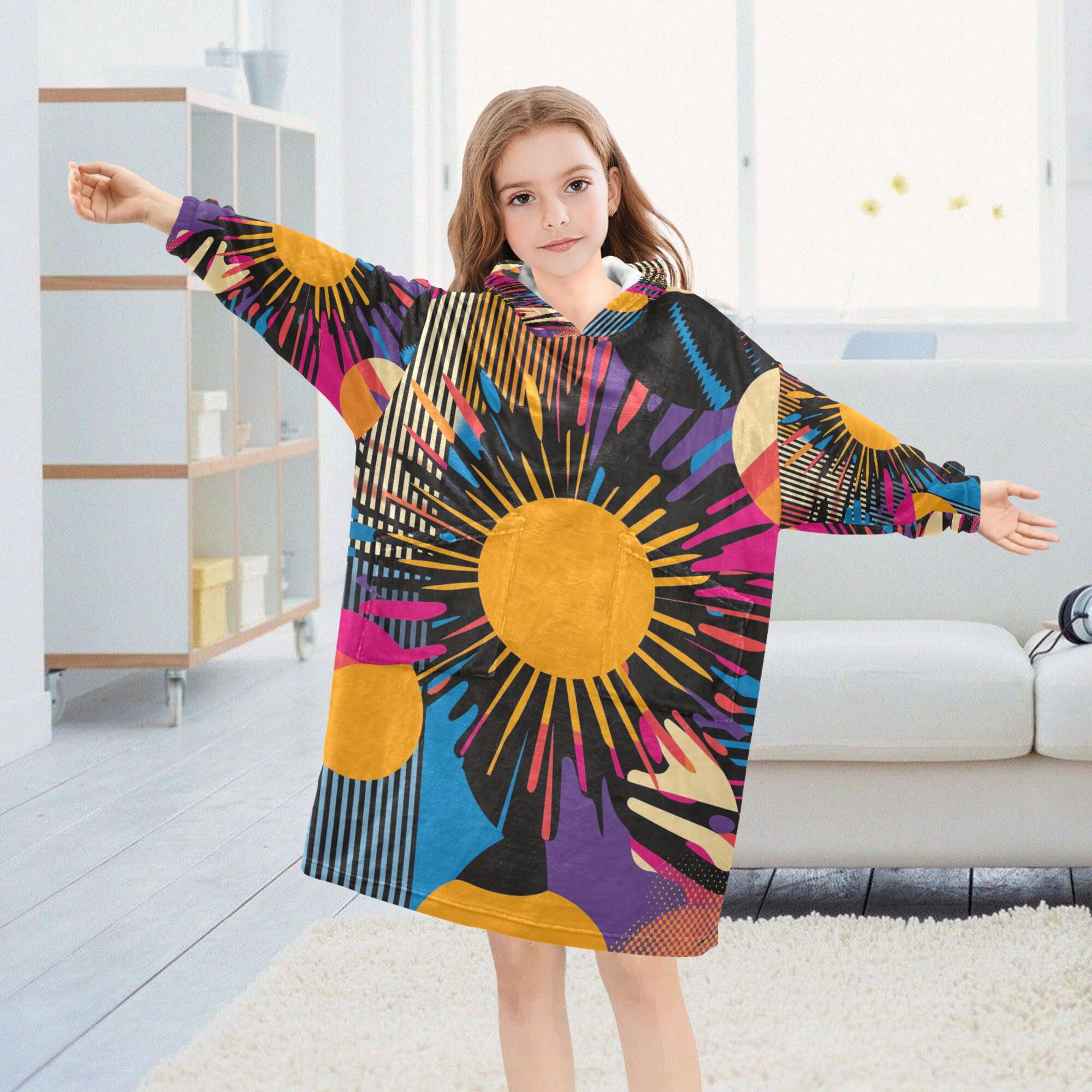 FORMRS Wearable Blanket Hoodie with Sleeves for Kids Cozy Flannel Sweatshirt, Futuristic Circles
