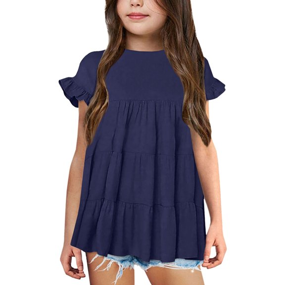 Coerni Kids Girls Summer T-Shirt Solid Color Short Sleeved Tunic Tops, Fashion Casual Pullover, Ruffled Cute Tees Tops