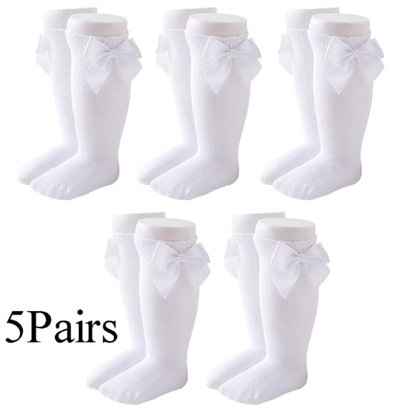 TELOLY 5 Pack Baby Girls Knee High Socks White Knee High Socks With Bows,White, (3-5 Year)
