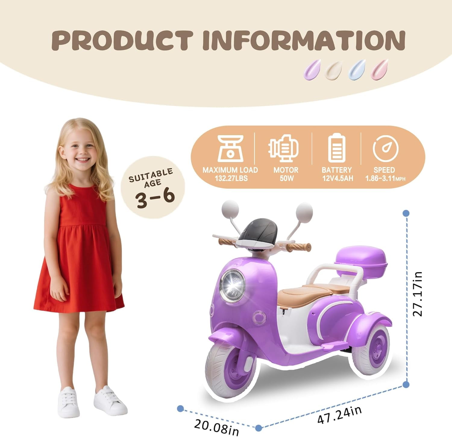 Track Seven 12V Ride on Motorcycle, 2-Seater Electric Motorcycle with Dual Motor, 3 Wheels Motorbike with Bluetooth, LED Lights, Storage Box, Front Hook, Ride on Toy Car for Boys Girls Aged 3+