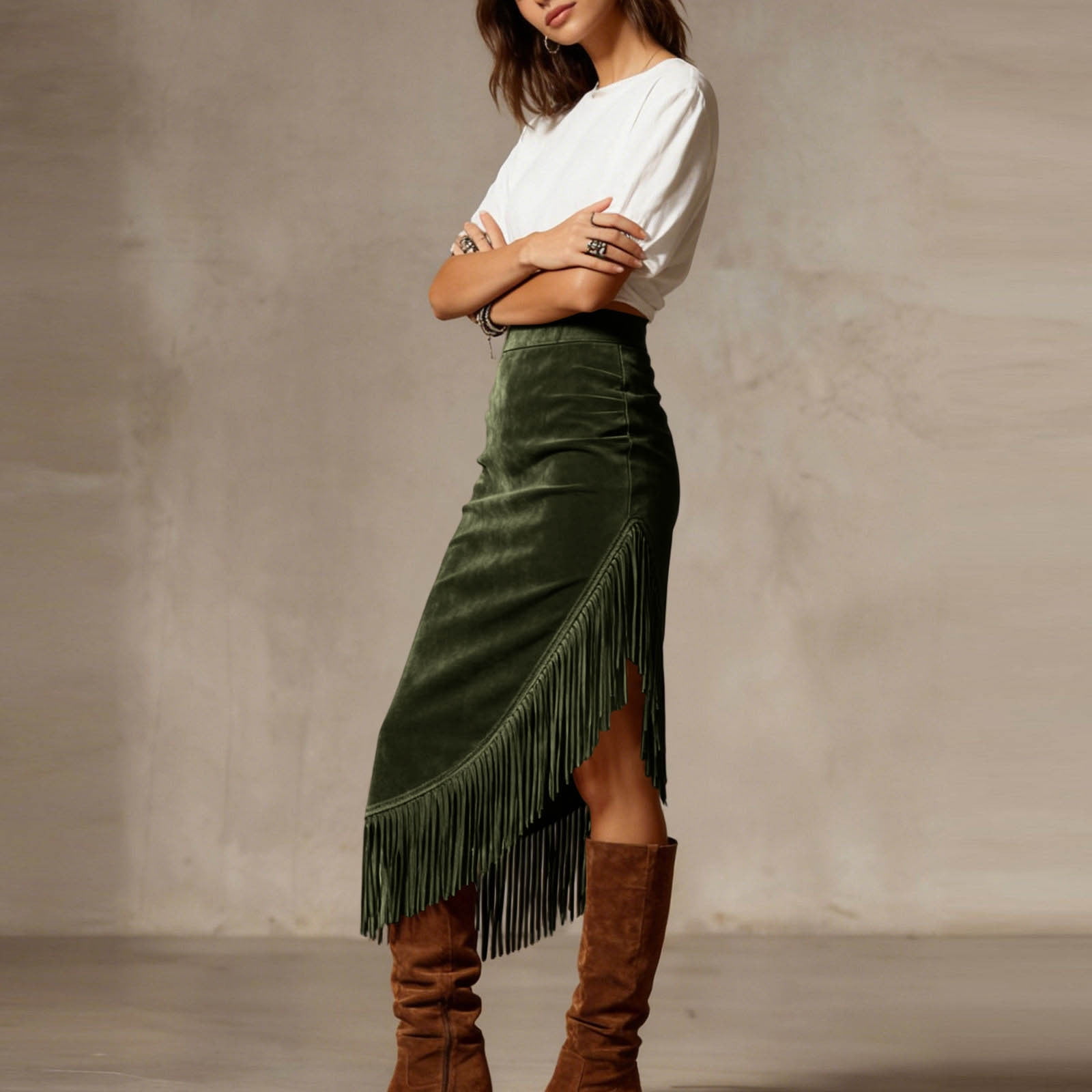 Women's Fringe Suede Maxi Skirt Western Style Asymmetric Ruched Bodycon Side Slid Cowgirl Tassel Long Skirts