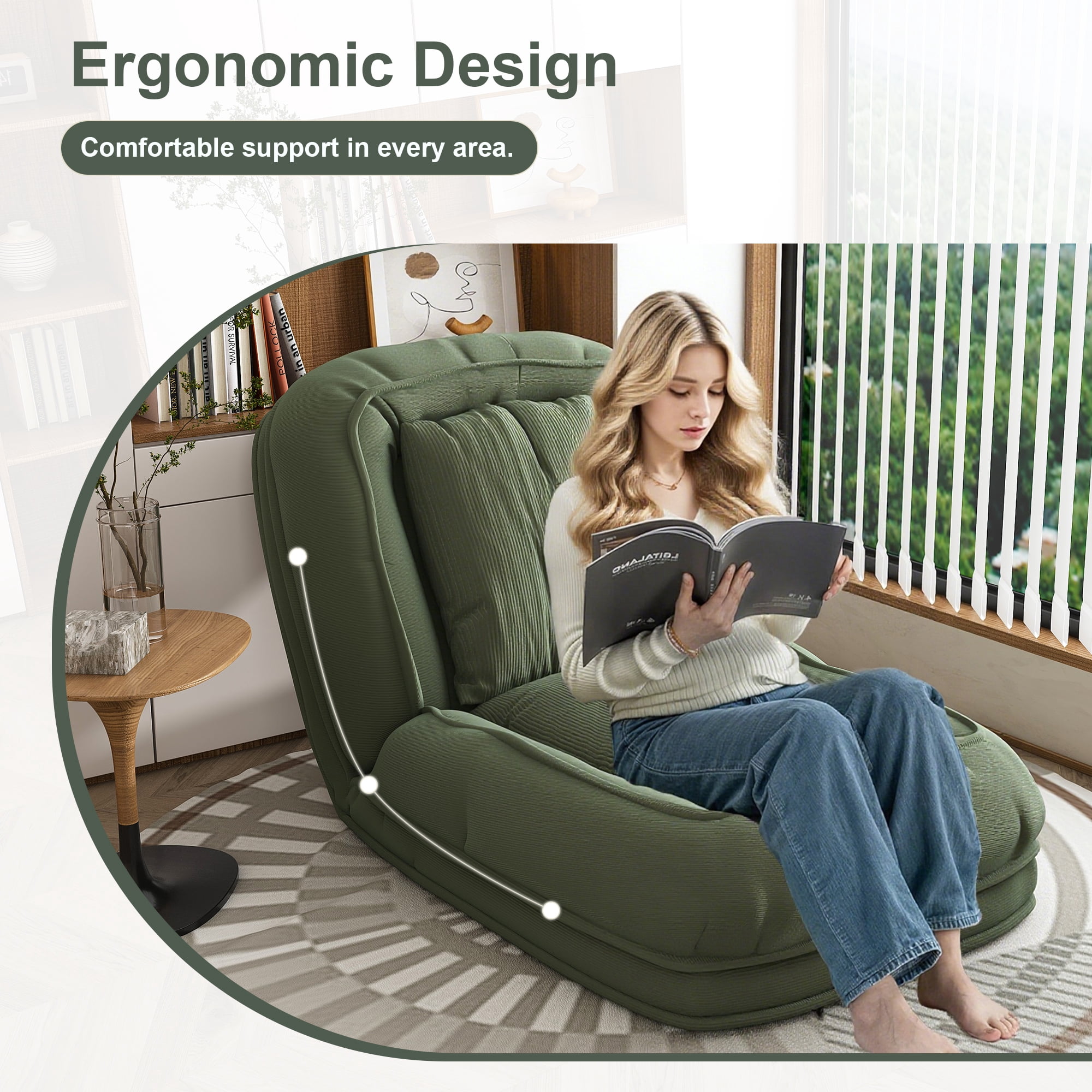 Upholstered Human Dog Bed for Adults & Pets, 5-Position Adjustable Foldable Lazy Sofa Bed with 2 Pillows, Corduroy Floor Recliner for Bedroom Living Room Reading Corner