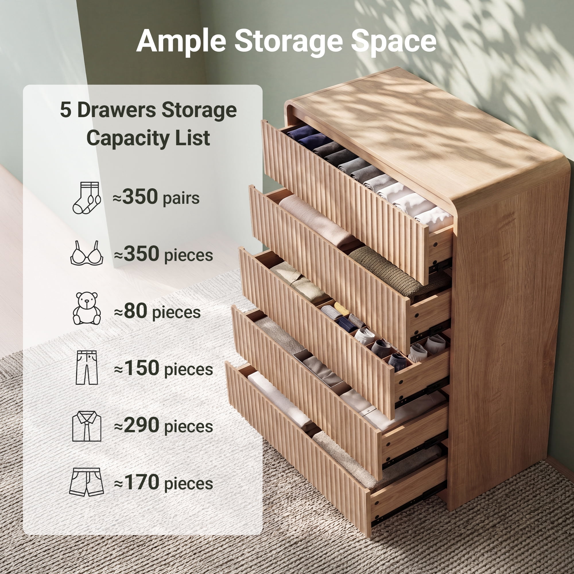 YDN Modern Fluted 5 Drawers Dressers for Bedroom with Drawers - 31.5" Wooden Tall Chest of Drawers, Curved Dresser Storage Organizer with Anti-Tip for Closet Hallway, Entryway, Living Room, Natural