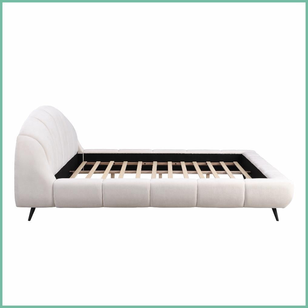 King Size Beige Chenille Upholstered Platform Bed Frame - Solid Rubberwood, No Box Spring Needed, Silent for Master Bedroom