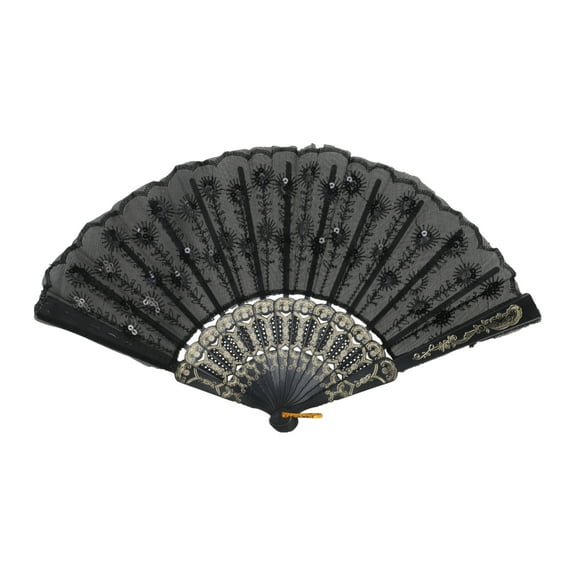 Unique Bargains 1 Pc Sequins Folding Fan for Masquerade Black Cotton Linen