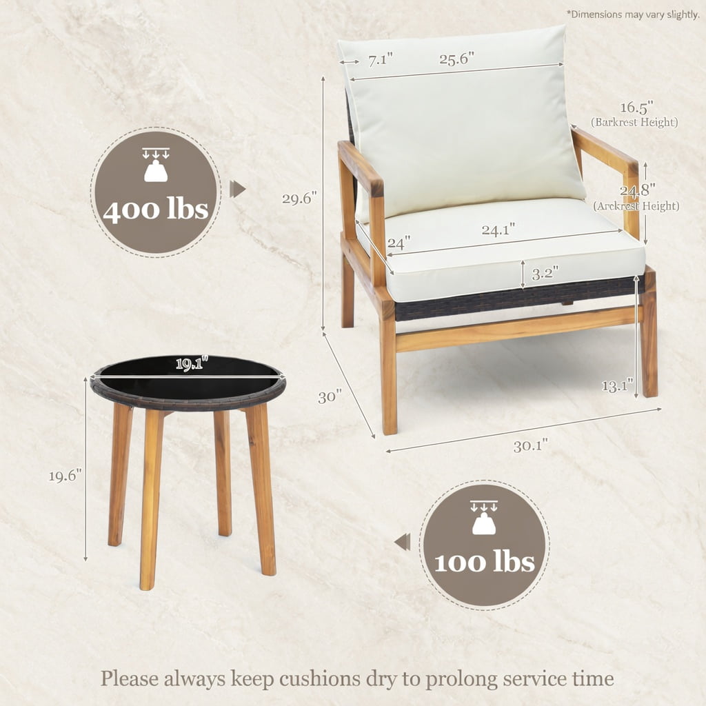 Hommoo 3-Piece Outdoor Patio Furniture Set, 2 Cushioned Rattan Chairs + Tempered Glass Side Table, PE Rattan & Polyester Cushions, Acacia Wood & Metal Frame, Brown