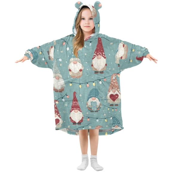 Cute Gnomes with Hearts Gifts Christmas Valentine Flannel Wearable Blankets Hooded Design Long Sleeves Wrap Unisex for 3T-14Y S
