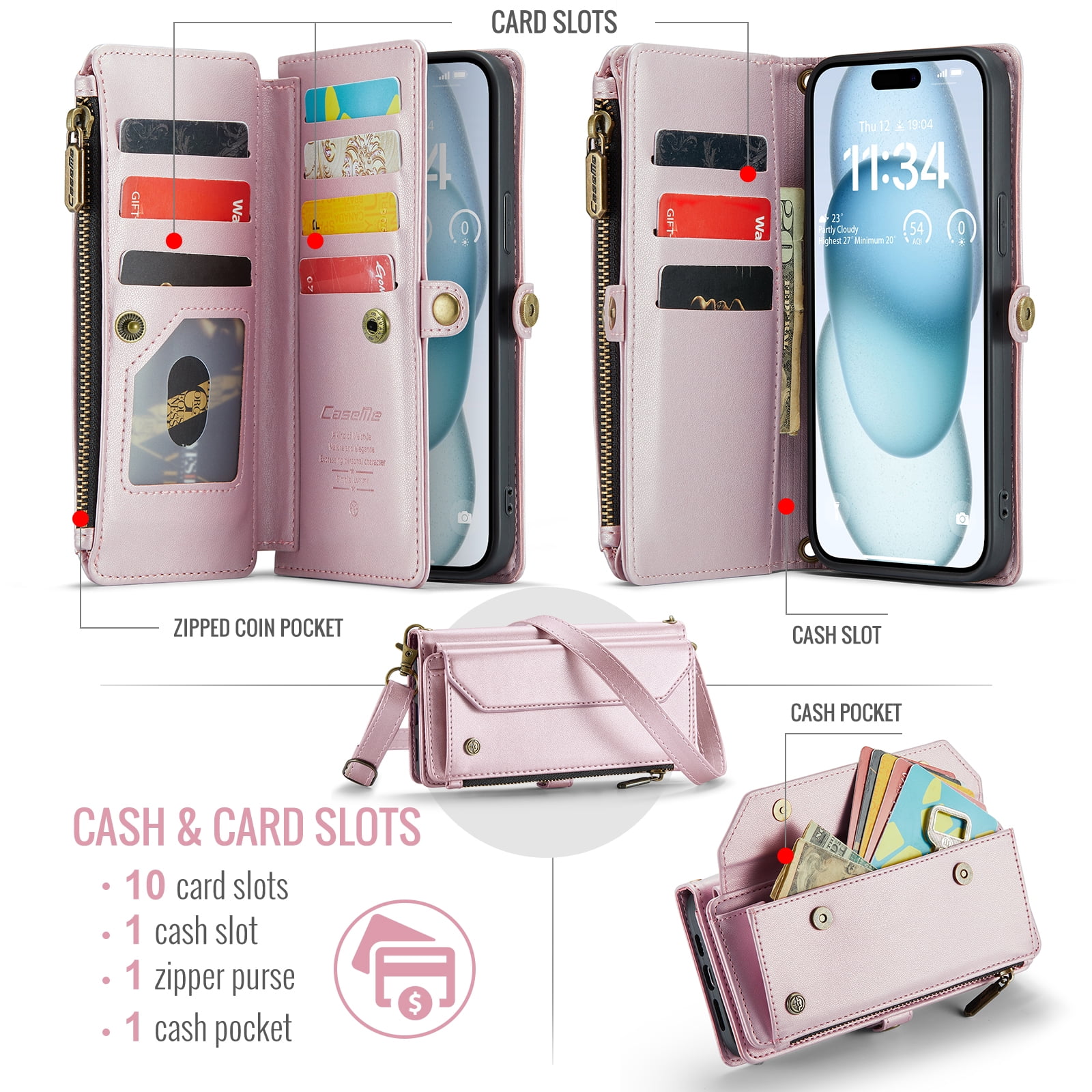Crossbody for iPhone 13 Case Wallet【RFID Blocking】with 10-Card Holder Zipper Bills Slot, Soft PU Leather Magnetic Shoulder Wrist Strap for iPhone 13 Wallet Case Women, Pink